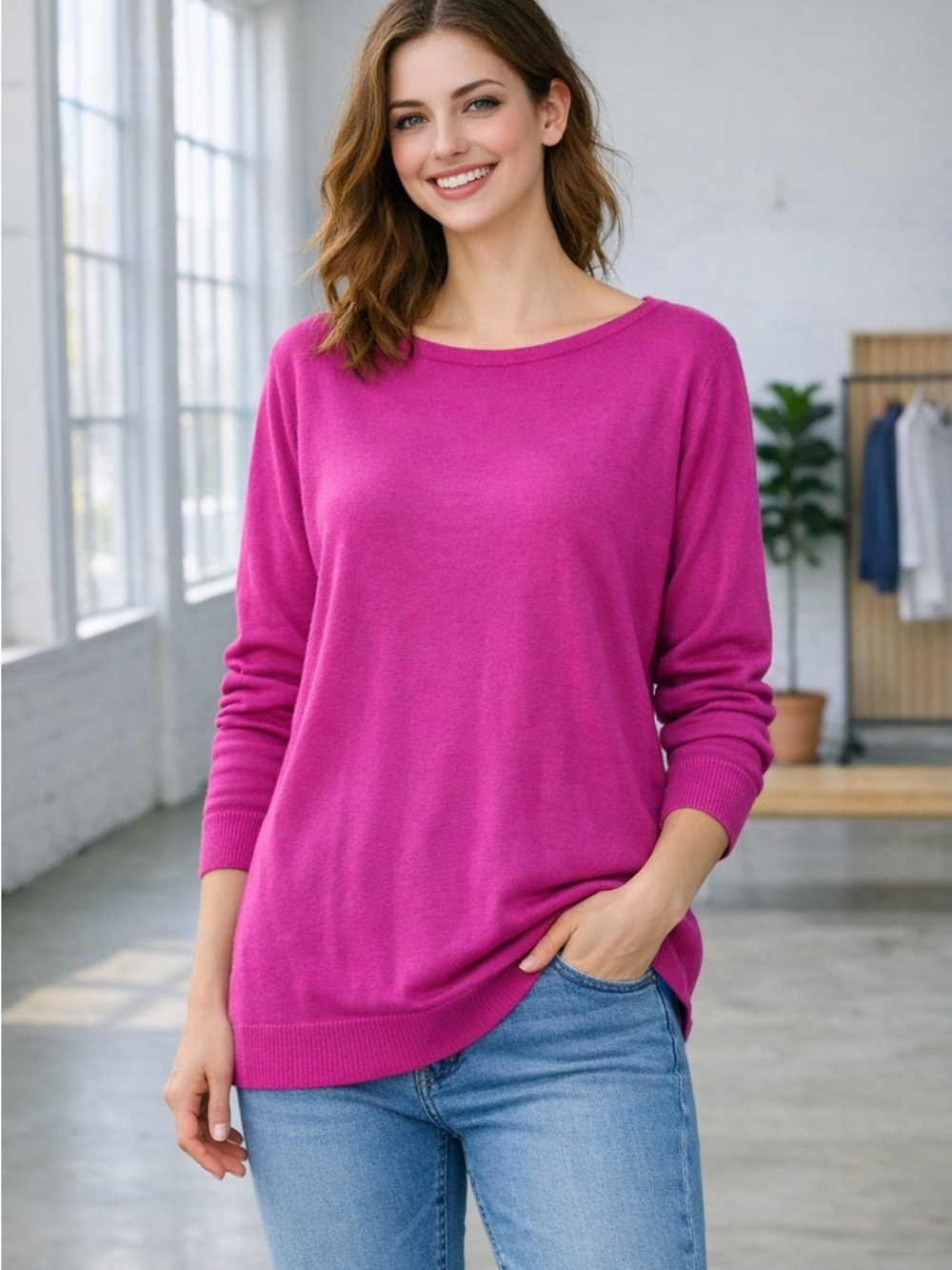 Dreamers Indie Boho Bohemian Rocker Fuchsia Scoop‎ Neck Lightweight Sweater